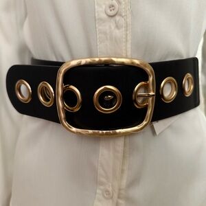 Black PU leather elastic waistband single grommet belt with gold tone buckle
